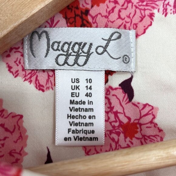 Maggy London Women's Floral Sleeveless A-Line Dress Size 10 Ivory Base Pink Red - Picture 5 of 13